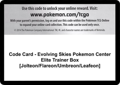 Code Card - Evolving Skies Pokemon Center Elite Trainer Box [Jolteon/Flareon/Umbreon/Leafeon], SWSH07: Evolving Skies P248035