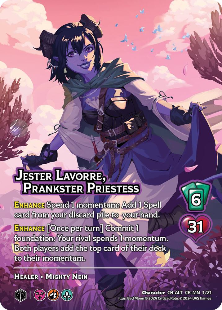 Jester Lavorre, Prankster Priestess (Alternate Art), Challenger Series: Vox Machina and Mighty Nein CR-MN 1/21