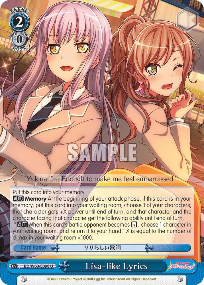 Lisa-like Lyrics, BanG Dream! Girls Band Party! Vol.2 BD/W63-E098 U